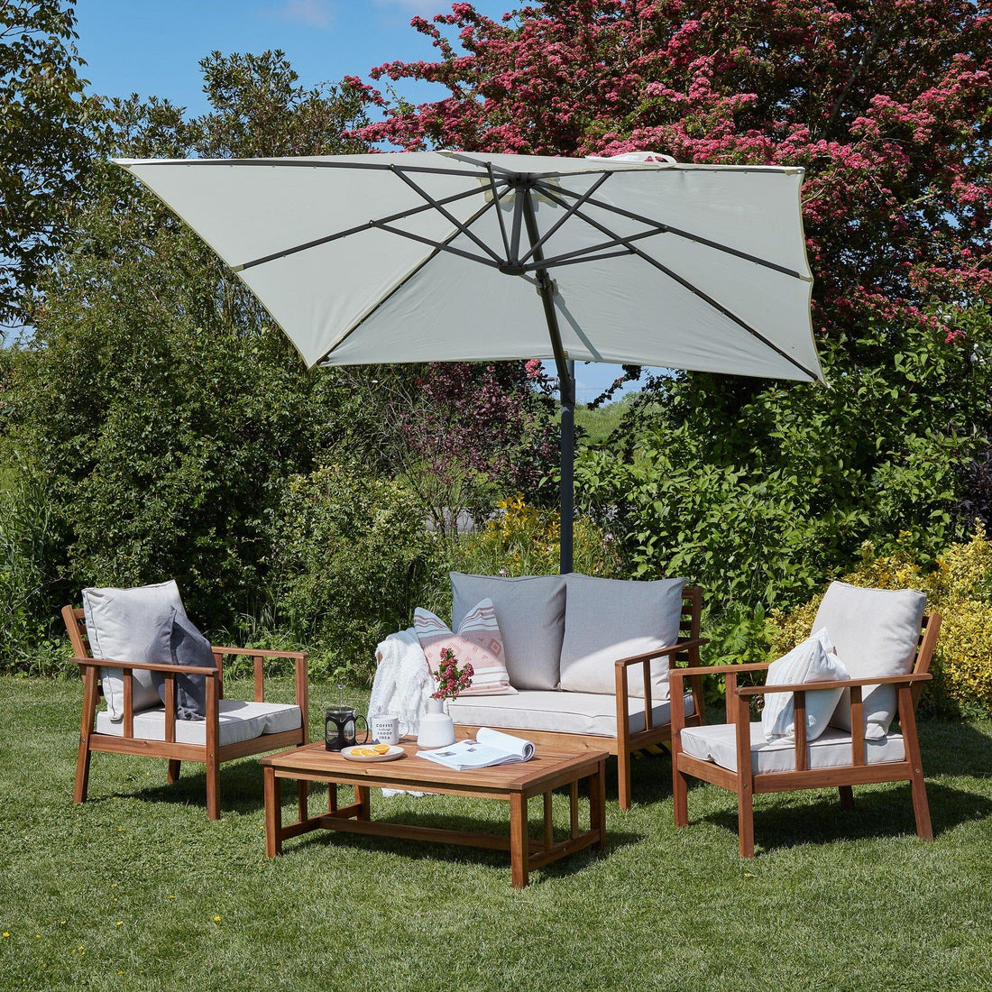 Harrelson Outdoor Wooden Double Sofa Set with 2 Armchairs & Cream LED Parasol - Laura James